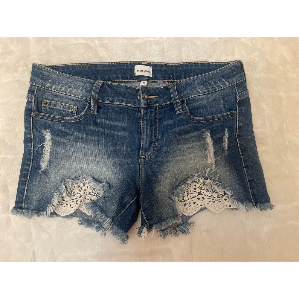 SNEAK PEEK Womens Denim Shorts Size Medium Distressed Cutoffs Lace Insets